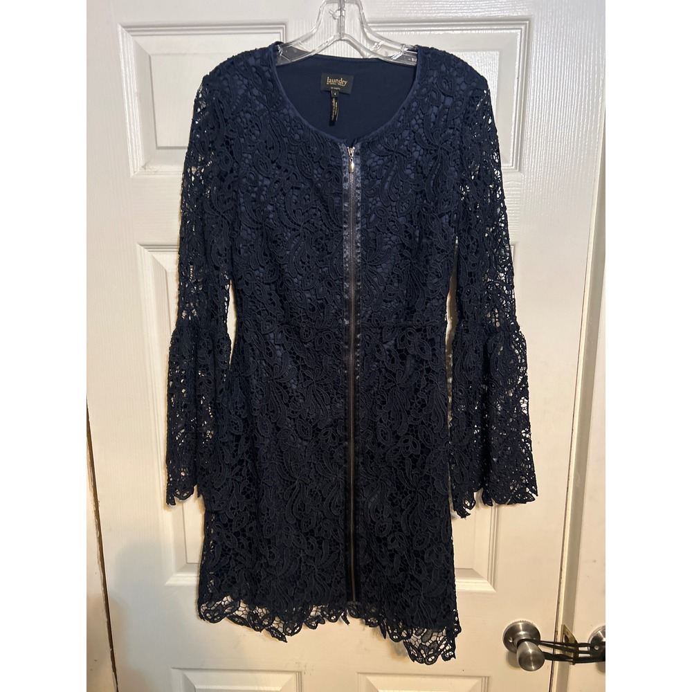 Laundry by Shelli Segal Navy Blue Lace Front Zip Bell‎ Sleeve Mini Dress Size 4